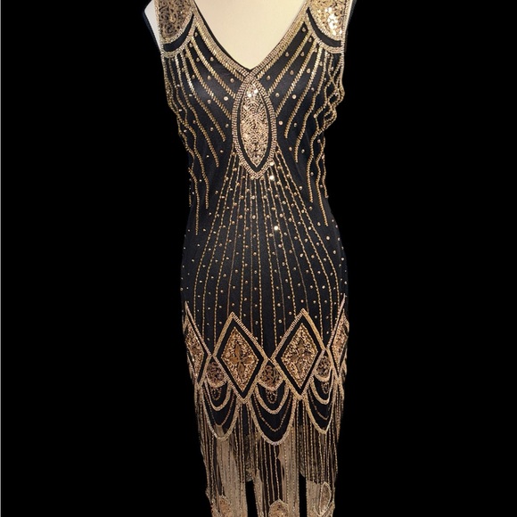 Babeyond Elegant Black and Gold Beaded Dress 1920s elegant party flapper - Picture 3 of 7